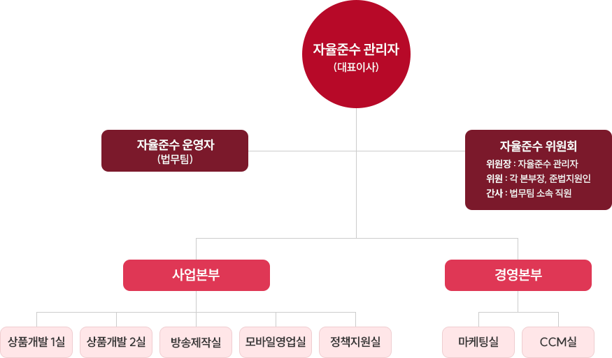 자율준수 관리자(대표이사) - 자율준수 운영자(법무팀), 자율준수 위원회(위원장:자율준수 관리자, 위원:각 본부장, 준법지원인, 간사:법무팀 소속 직원) - 사업본부(상품개발1실, 상품개발2실, 방송제작실, 모바일영업실, 정책지원실) / 경영본부(마케팅실, CCM실)